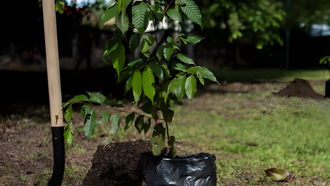 Una plántula en bolsa de vivero junto a una pala, lista para sembrarse.